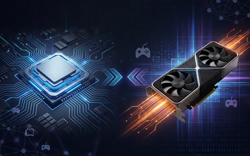 GPU vs CPU comparison showing computer processor and graphics card