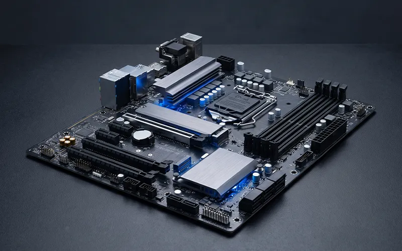 Computer motherboard showing CPU socket, RAM slots, and expansion slots